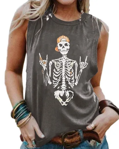 Womens Sleeveless Tank Top for Summer, Casual Graphic Skull Shirt for Festivals & Daily Wear, S (Dark Gray)
