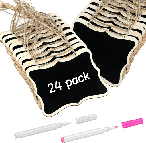 24 Pack Mini Chalkboard Signs for Food, Small Chalkboard Signs with Strings Chalk Markers & Replacement Stickers, Hanging Chalkboards Sign Reusable Wooden Food Labels for Party Buffet Wedding