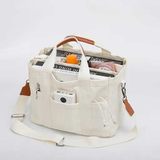 Multi-Functional Mommy Diaper Bag Durable Canvas Tote 31cm x 16cm x 24cm White