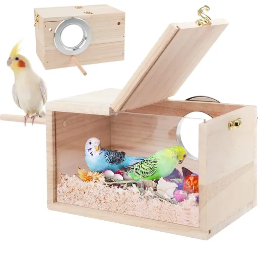 Parakeet Nesting Box Transparent Design, Bird Nest Breeding Box with Wood Bird Cage House for Cockatiel Lovebirds Finch Parrotlets Canary （12*12*19.5）