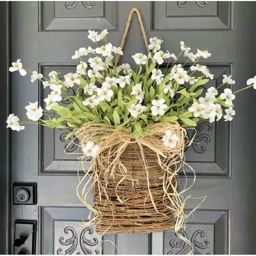 Cream Hydrangea & Wildflower Wreath with Wicker Basket & Bow | Spring Summer Front Door Hanger | Wedding Easter Home Decor | Indoor Outdoor Porch Decor