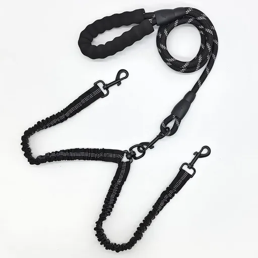 Black Pet Double-Ended Rope + 1.5M Leash - Easy to walk two dogs, tangle-free design