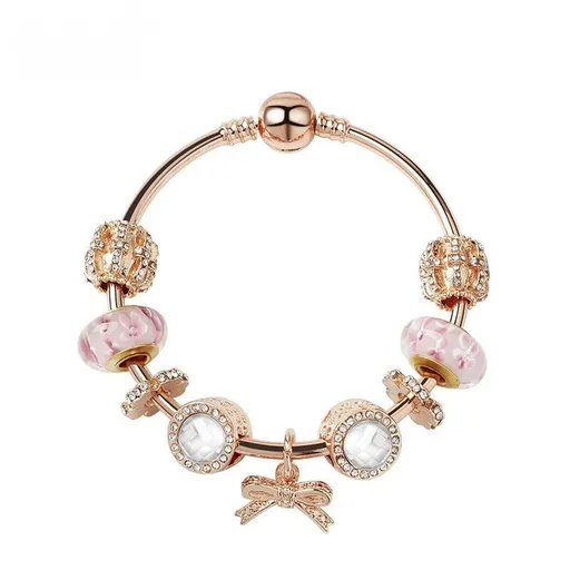 Glamorous Golden Bracelet with Rhinestone Glass, Zircon, Hollow Beads & Bow Pendant(18cm)