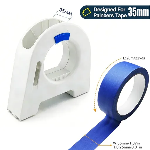 Masking Tape Dispenser with Serrated Metal Cutting Edge Ergonomic Arch Design for Painting Edging, Tile Grouting, Wall Trim and DIY Surface Protection (White Dispenser 35mm + 35mm Blue Tape)