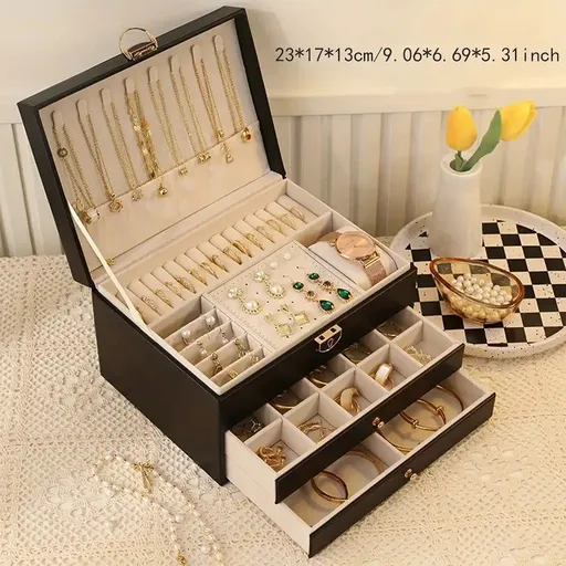 Black High-end Jewelry Storage Box for Necklaces, Earrings, Ear Studs, Bracelets, Rings, Exquisite Accessories, Gold, and Jewelry – Large Capacity, Ideal as a Gift for Mother’s Day, Father’s Day, Teacher’s Day, Halloween, Thanksgiving, and Christmas