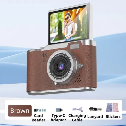 Brown 4K Compact Digital CCD Camera for Vlogging & Students - Portable Point and Shoot with 2.4-inch Rotating Screen, 8X Optical Zoom, and Anti-Shake
