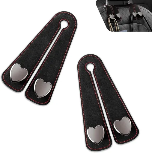 2 PCS Car Seat Headrest Hooks, Multifunctional Double Hanger & Phone Holder, Soft Suede Leather & Load-bearing Heart Shape Metal Hook, Back Seat Organizer for Most Cars (Black)