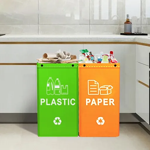 Foldable Waterproof Waste Sorting Bags, Reusable Laminated Recycling Storage Tote with Handle, 40L Large Capacity Garbage Organizer(Brown + elegant gray)