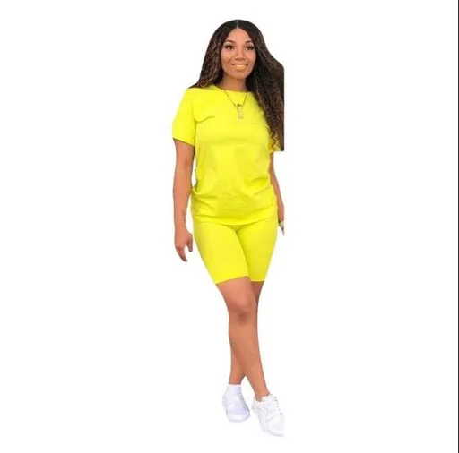 Ishilian Women Solid Color Polyester Spandex Casual Suit Yellow L