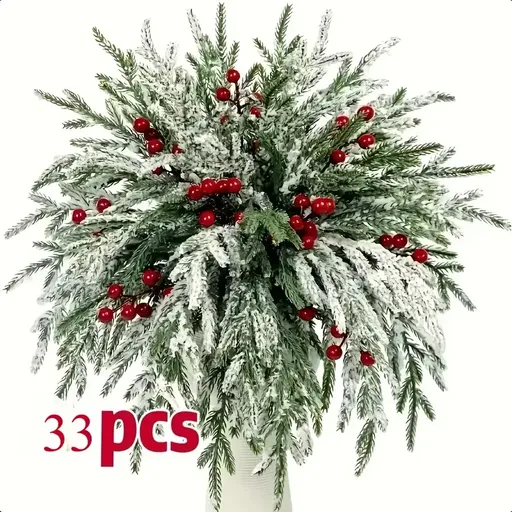 33-Piece Realistic Norfolk Pine Branches with Red Berries and Snow Effect – 13.78 Inches Long, Durable Plastic, Suitable for Indoor & Outdoor Use, Ideal for Wreath Making, Vase Arrangements, Winter Holiday Décor, Christmas Ornaments