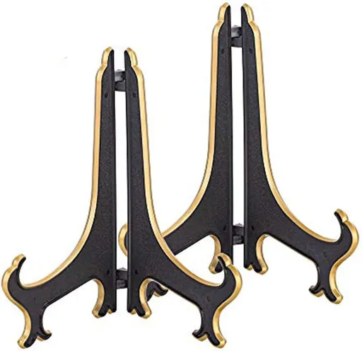 8 Inch Plate Display Stand - Adjustable Easel Holder for Decorative Plates, Pictures, Cookbooks - Black Gold Tabletop Stands with Foldable Design - 2 Pack