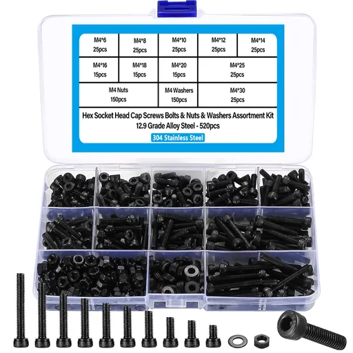 Button Head Socket Cap Screws Bolts and Nuts, 12.9 Grade Alloy Steel, Black Oxide Finish, Fully Threaded, Assortment Kit 520PCS