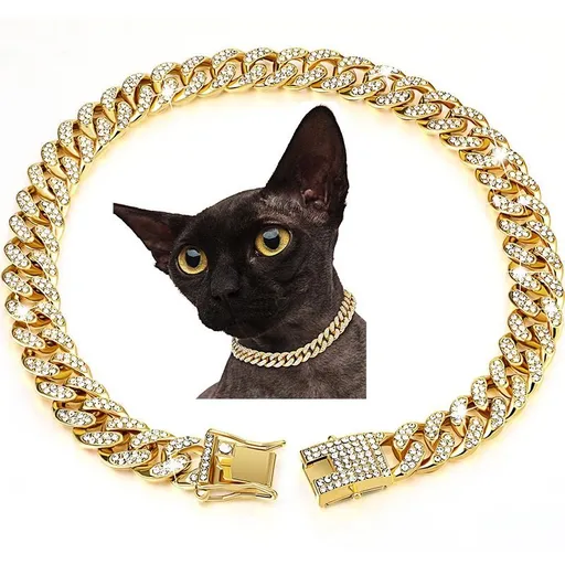 Sparkling Diamond-Studded Cuban Chain Pet Collar – Hip-Hop Bling Necklace for Cats and Small Dogs, Adjustable Fit, Gold, Silver, Rose Gold, or Pink Crystal Accents, Bold Fashion Statement for Your Furry Trendsetter (Gold, 60cm（24in）)
