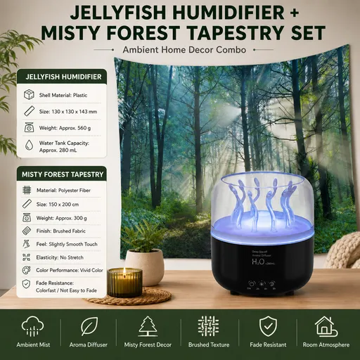 2 piece Cozy Home Duo set -Black Jellyfish Humidifier and 150×200cm Misty Forest Tapestry -humidifier featuring multi-color lights and aromatherapy diffusion,Hanging cloth Room Decor Brushed No-Stretch Fade Resistant Nature Decor with Installation K