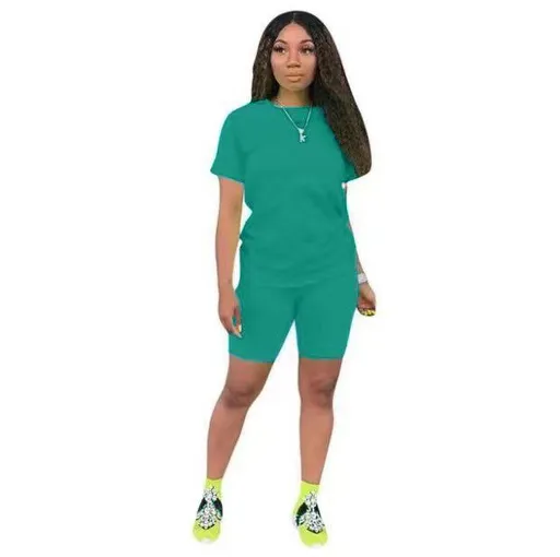Ishilian Women Solid Color Polyester Spandex Casual Suit Cyan XL