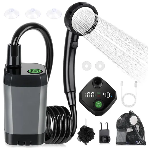 Portable Shower for Camping, [Long-Lasting] 6000mAh Rechargeable Camping Shower with Intelligent LED Display, 4 Spray Modes, IPX7 Waterproof Outdoor Camp Pump for Hiking, Travel, Car, Pet - Gray - Size 4.64*2.64in