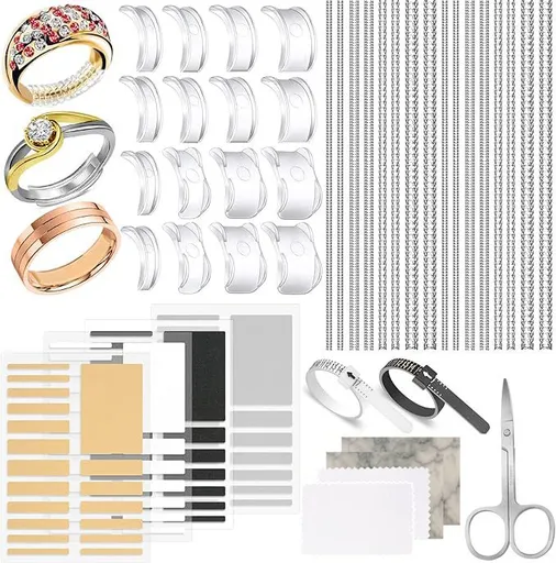 Ring Size Adjuster Kit 41-Pack - Ring Sizer Tool with Measuring Gauge - Resizer Spiral for Loose Rings - Stainless Steel Polishing Cloth