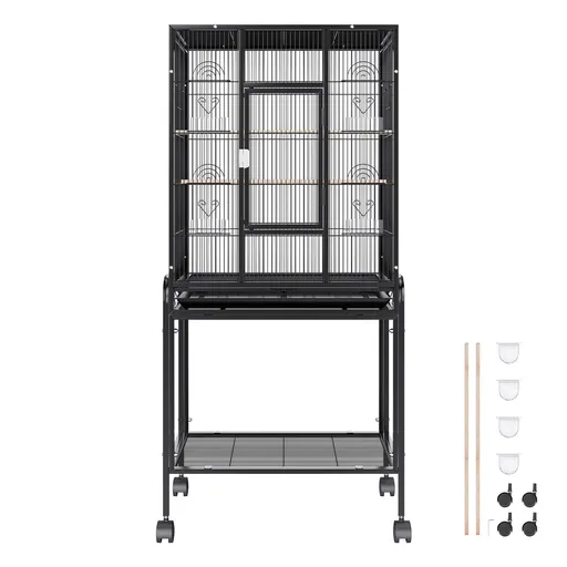 54 inch Standing Large Bird Cage, Carbon Steel Flight Bird Cage for Parakeets, Cockatiels, Parrots, Macaw with Rolling Stand and Tray