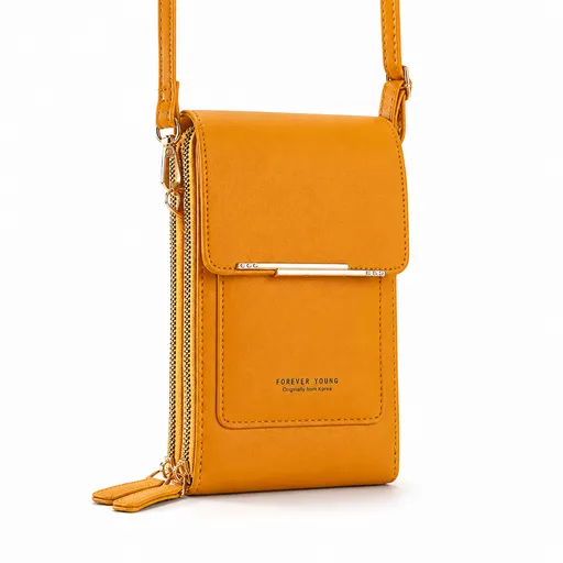 Yellow Touch Screen Phone Wallet Crossbody Bag for Women Vertical PU Leather Purse with Card Holder Zipper Pocket Adjustable Strap for Travel Shopping Everyday Use