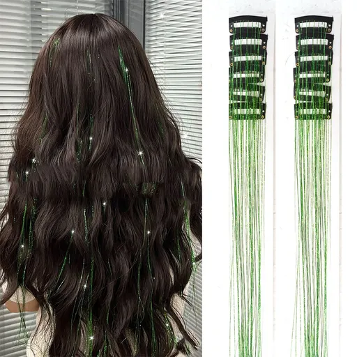 Green Laser Iridescent Hair Extensions – 12-Piece Clip-In Highlight Strands (High-Temperature Fiber)