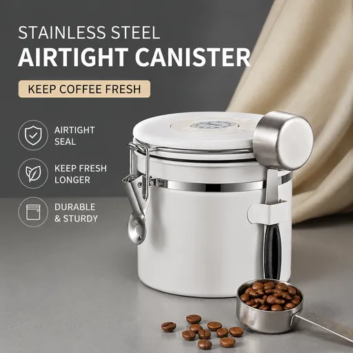 White 304 Stainless Steel Airtight Coffee Canister 1200ml Vacuum Seal Storage Jar with Date Tracker & Measuring Scoop for Coffee Beans Tea Storage