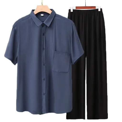 Men Rayon Short Sleeve Suit Set Summer Thin Casual Gray blue top + black trousers 4XL