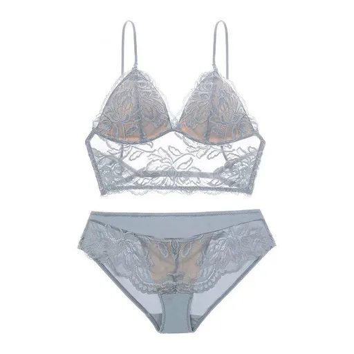 French Sexy Lace Underwear Thin Non Wired Triangle Cup Bra Shape Backless Set - Gray Blue - M