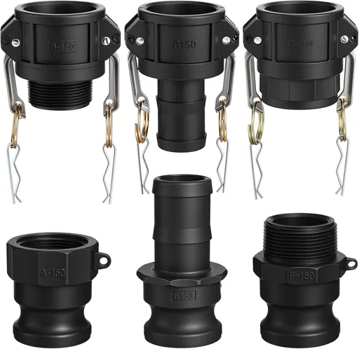 6 Pcs Cam Lock Fittings Kit Type Abcdef 1-1/2" Npt Threaded Cam and Groove Hose Fitting Female and Male Adapter Camlock Couplings for Fire Hose Nozzle (Polypropylene,Black)