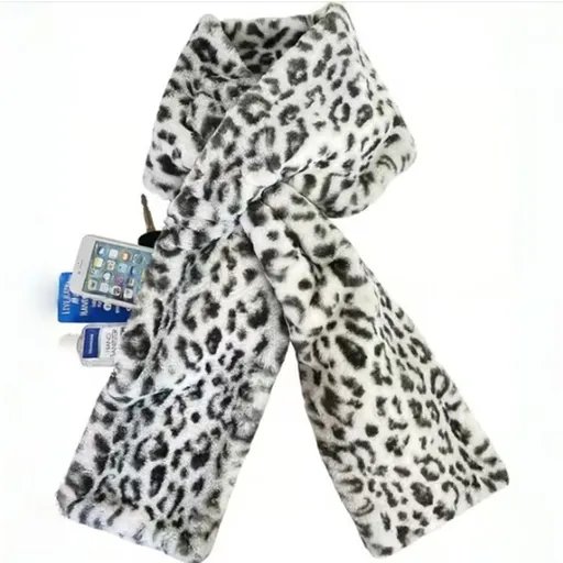 Leopard Print Soft Faux Fur Scarf with 15x20CM Hidden Zipper Pocket - Anti-Theft Travel Scarf for Phone, Passport and Essentials