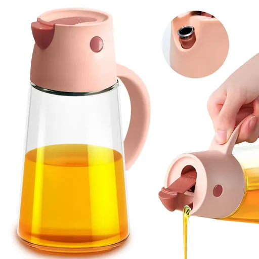 Olive Oil Dispenser Bottle for Kitchen, Auto Flip Cap Glass Cooking Oil Container, Leakproof and No Drip, 18oz/550ml (Pink)