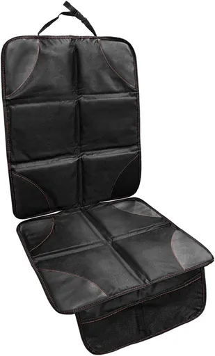 Car Seat Protection Pad, Waterproof 600D Fabric Auto Seat Cover with Thick Padding & Storage Pockets, Anti-Slip Large Protective Cover Mat for Most Vehicle Front Seats (Black & Red)