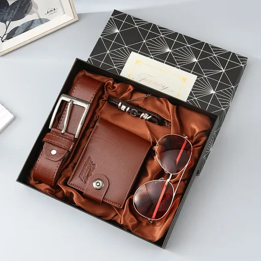 Men’s 4‑Piece Gift Set, Wallet + Belt + Sunglasses + Braided Bracelet, Premium Gift Box, Practical Father's Day Gifts for Dad Husband, Coffee
