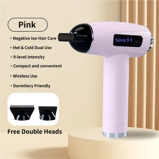 Pink Cordless Ionic Constant Heated Hair Dryer with LCD Display & 9 Wind Speeds - USB Rechargeable Hair Care Blow Dryer, Concentrator & Diffuser Included
