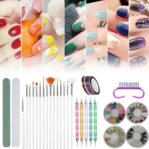 Teenitor Nail Art Brushes,3D Nail Art Paiting Polish Design Kit Nail Foil, Manicure Tape, Color Rhinestones for Nails-Black