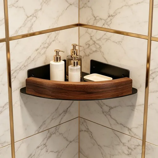 Solid Walnut Corner Shelf for Bathroom No Drilling - Triangular Shower Shelf Wall Mounted with Adhesive - Wood Storage Rack for Kitchen, Living Room or Office | Space Saving Organizer - 1 Pack