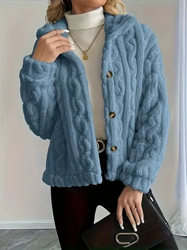 Double-Sided Fleece Coat Turn-Down Collar Button Coat Women'S Winter Outerwear - Sky Blue - Size M(AU M/EU48)
