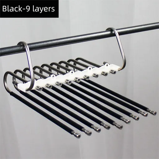 9-Layers Black Stainless Steel Pants Rack with Horizontal / Vertical Modes and Expandable Pull-Out Rods - High-Load Folding Magic Hanger