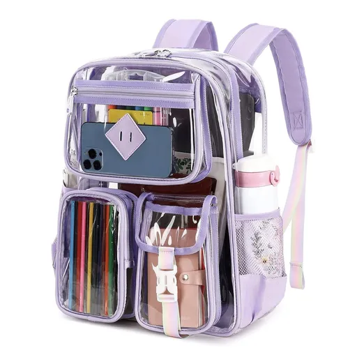 Heavy Duty Clear Transparent Backpack with Purple - Large Capacity PVC Bookbag for School, Stadium, and Gym - Fits 16-Inch Laptop, Binders and A4 Books