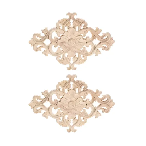 Wood Carved Appliques, 2Pcs Wooden Decorative Onlays, Unpainted Furniture Center Decals for Cabinet Dresser Bed Door Wall