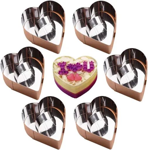 6 pieces - stainless steel - dessert rings - cake rings - with handle - molds - for baking and cooking cakes, mousses, and desserts - 8*3.8 cm - silver - Heart shape