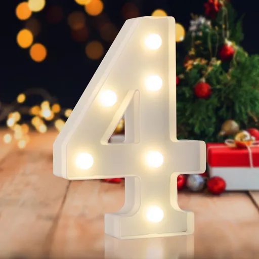 Sign Digit 4, warm white, 26 letters, 10 numbers, heart and & symbol; for birthday, party, Christmas, home, bar, wedding decoration; DIY word combinations; wall & tabletop display; battery operated.