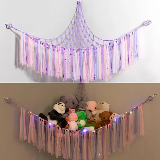 Purple Corner Plush Toy Organizer (100x100x150cm) with Ribbon Accent & Installation Kit - Handwoven Cotton Mesh Toy Storage Hammock
