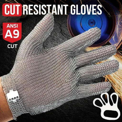 cut-resistant glove, stainless steel chainmail glove, industrial hand protection, adjustable safety glove, meat cutting glove, glass handling glove, Australia work wear, PPE hand safety - Silver - Size XS-21CM