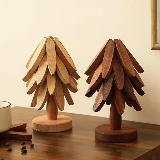 2 Pack Wooden Christmas Tree Trivets, Heat-Resistant Pot and Pan Coasters for Dining Table and Kitchen, Brown