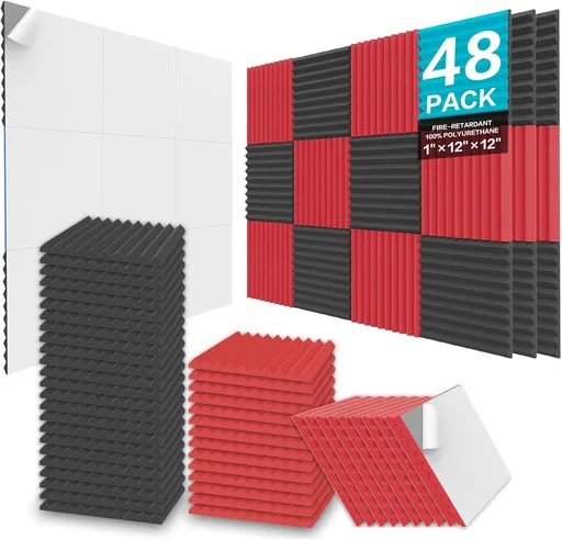 JBER Acoustic Panels Foam Wedges 48pcs 30x30x2.5cm for Soundproof Padding Wall Black&Red