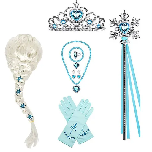 Elsa Princess Dress Clothes Cosplay Dress Up Gloves Wand Crown Jewelry Set Elsa Wig Necklace Braid