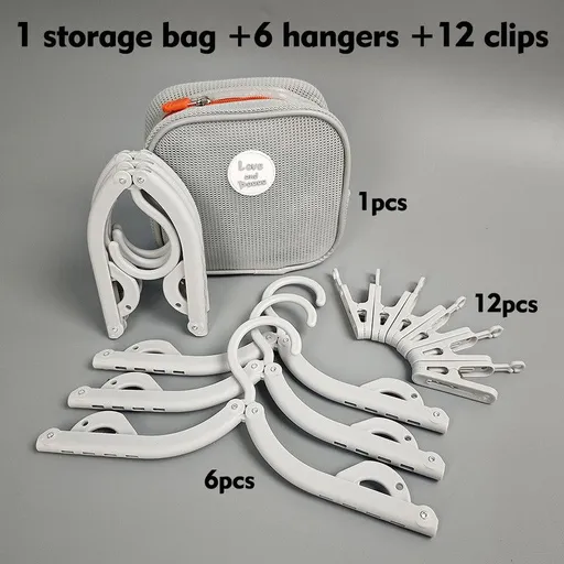 Portable Foldable Travel Clothes Hanger Set, Includes Clips, Clothes Rack with Storage Bag for Business Trips and Home Use - Gray