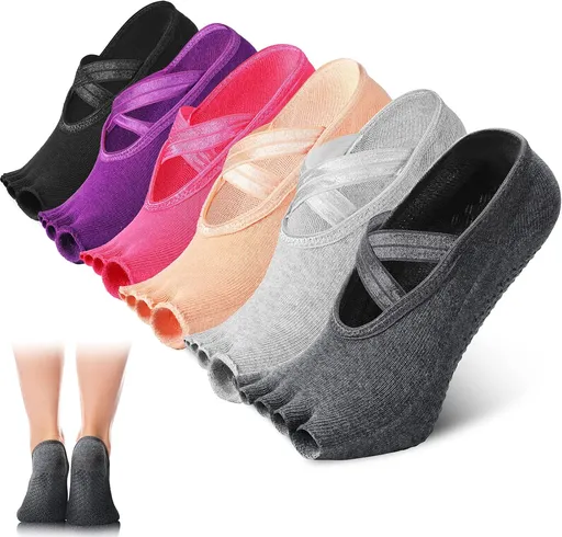 6 Pairs Pilates Socks with Grip for Women Non Slip Yoga Socks Toeless Barre Sticky with Straps Multicolor for Ballet Dance Barefoot Workout