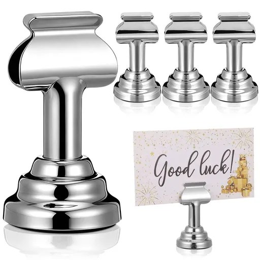 4Pcs Plated Silver Metal Menu Card Holder Stand with Round Base for Buffet and Reception Tables