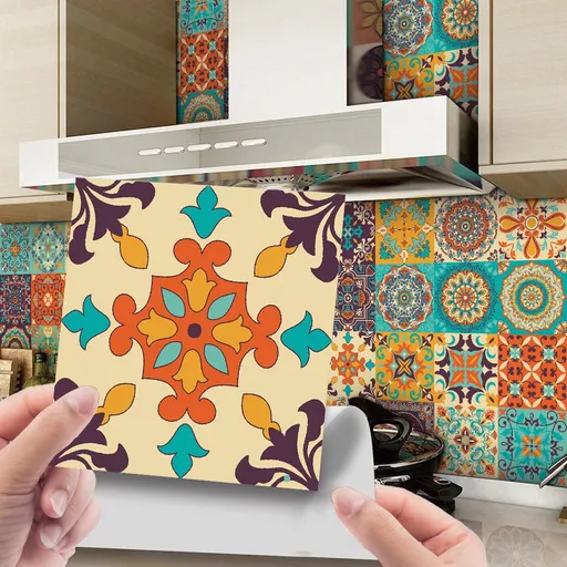 24 pieces - Self-adhesive adhesive foil tile stickers - Decorative sticker tiles - Self-adhesive tiles - Sticktiles - Bathroom - Kitchen - 15x15 cm - Retro Mandala - PVC - Colorful